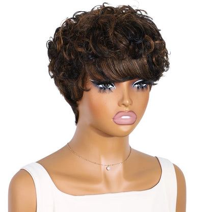 RitzWigs short curly pixie cut human hair wig in highlighted brown P1B/30 on a mannequin