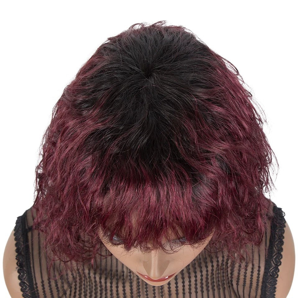RitzWigs short curly bob wig in T1B/99J burgundy and black ombre human hair on a mannequin head