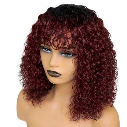 RitzWigs short curly pixie bob human hair wig with bangs in a deep burgundy red colour on a mannequin head.