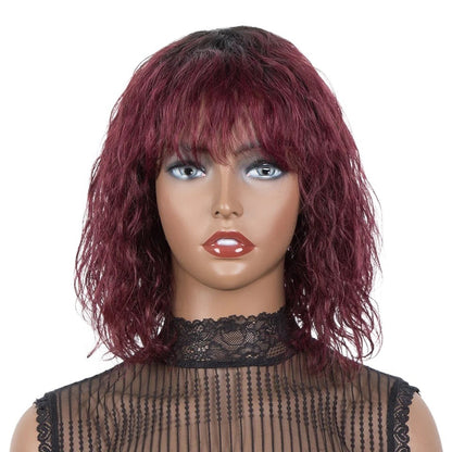 RitzWigs short curly bob wig in T1B/99J burgundy ombre, made of Brazilian Remy human hair with natural wavy texture.