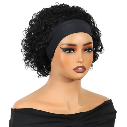 RitzWigs short curly black Brazilian human hair pixie cut headband wig on a mannequin with a black headband