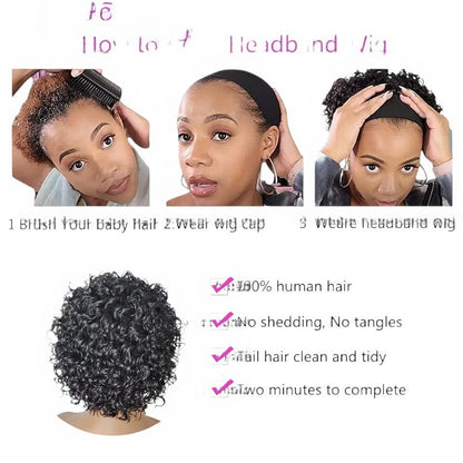 RitzWigs short curly jerry curl human hair headband wig shown in a three-step application tutorial on a model.