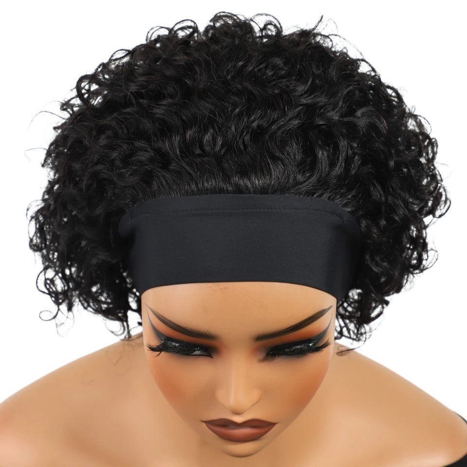 RitzWigs natural black Brazilian human hair pixie cut headband wig with short jerry curl texture on a mannequin
