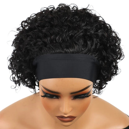RitzWigs natural black Brazilian human hair pixie cut headband wig with short jerry curl texture on a mannequin