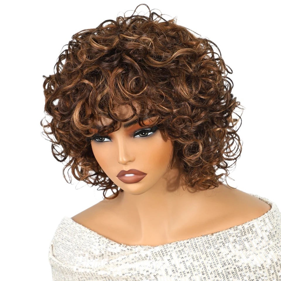 RitzWigs short curly bob wig with brown highlights on a mannequin, featuring bouncy jerry curl human hair texture.