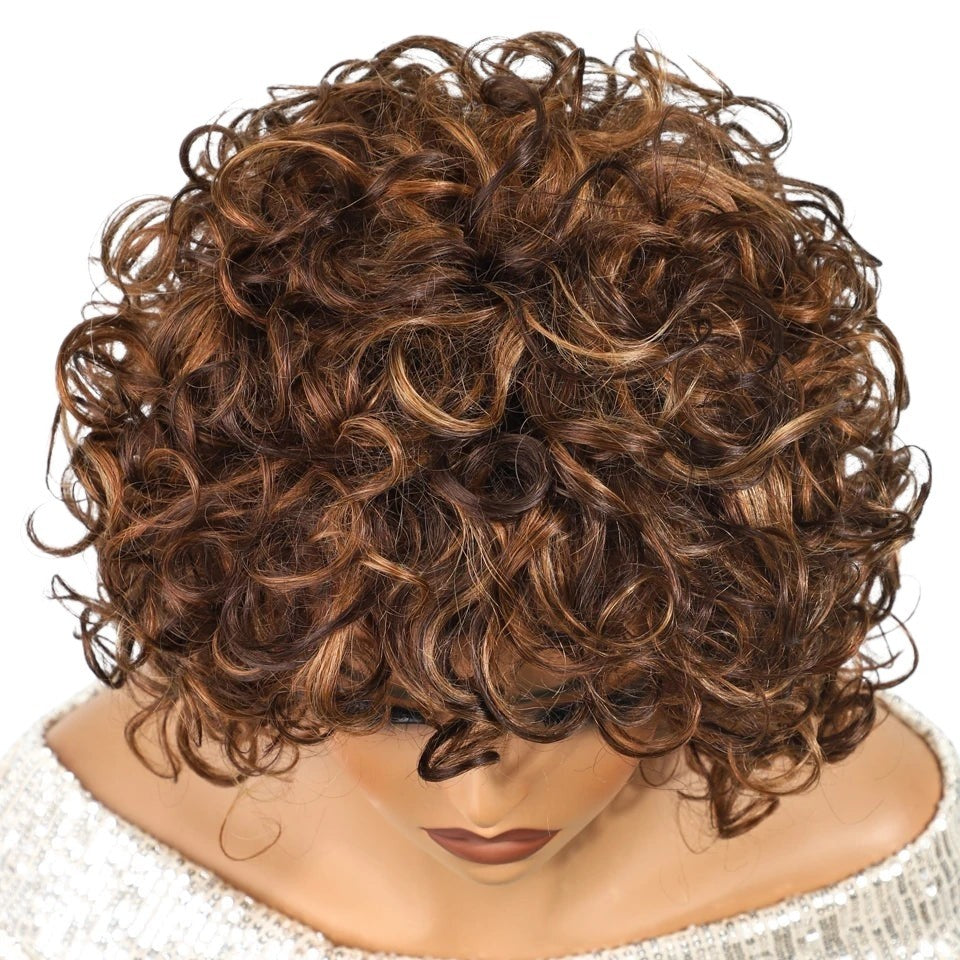 RitzWigs short curly human hair bob wig with brown and blonde highlights on a mannequin