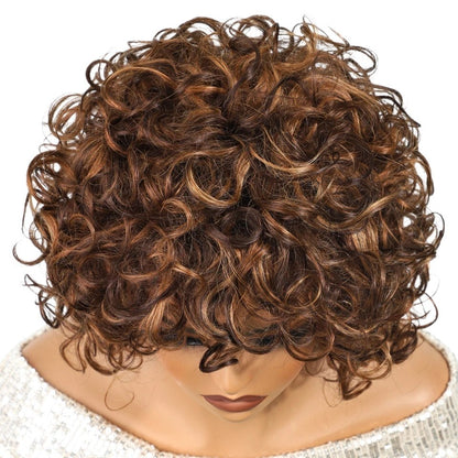 RitzWigs short curly human hair bob wig with brown and blonde highlights on a mannequin