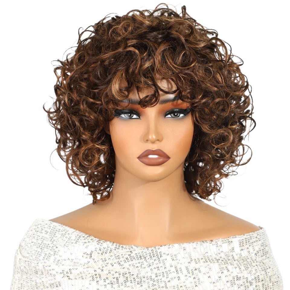 RitzWigs short curly human hair bob wig with brown highlights on a mannequin head