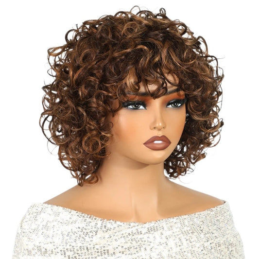 RitzWigs short curly human hair bob wig with brown highlights on a mannequin head