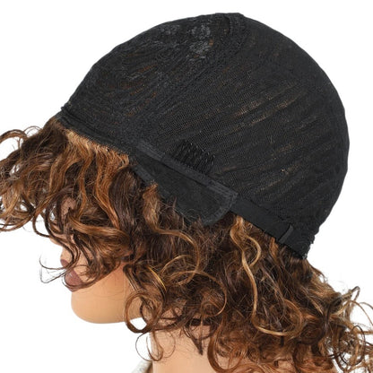 RitzWigs short curly Brazilian human hair wig with highlights on a mannequin head showing the inner cap construction.