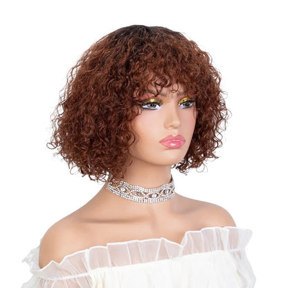 RitzWigs short kinky curly human hair wig with bangs in a warm brown highlight shade on a mannequin head
