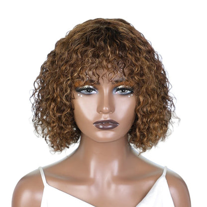 RitzWigs short kinky curly human hair wig with bangs in highlighted brown tones on a mannequin head