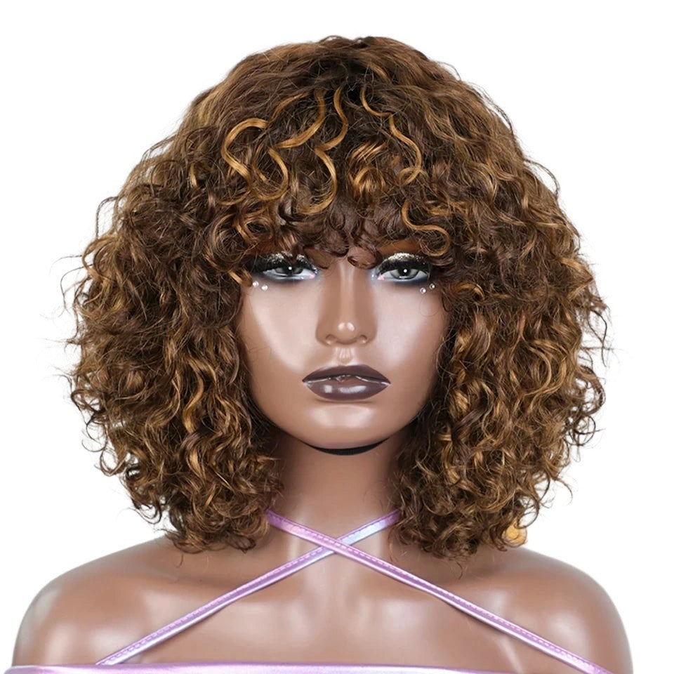 RitzWigs short kinky curly human hair wig with bangs in highlighted brown tones on a mannequin