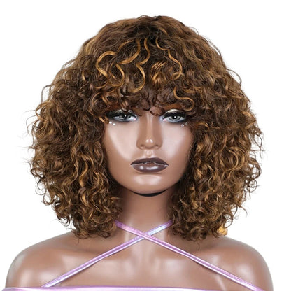 RitzWigs short kinky curly human hair wig with bangs in highlighted brown tones on a mannequin