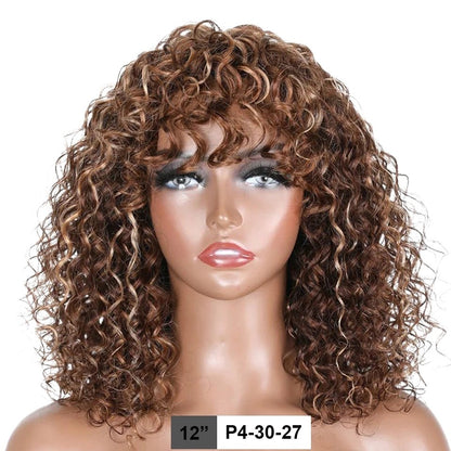 RitzWigs short curly human hair bob wig with bangs in a highlighted brown and blonde colour on a mannequin head