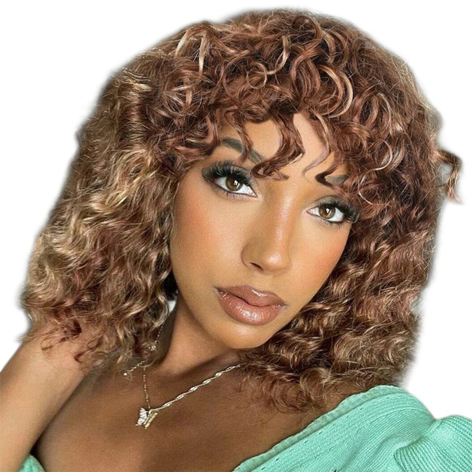 RitzWigs short curly human hair bob wig with bangs in a highlighted brown shade worn by a woman