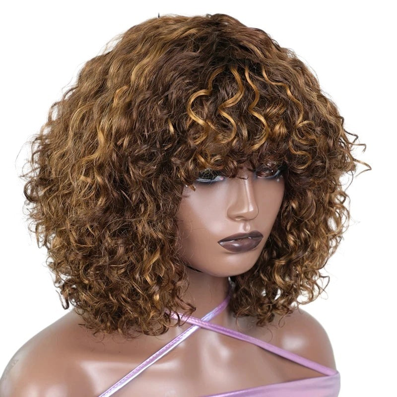 RitzWigs short kinky curly human hair wig with bangs in highlighted brown tones on a mannequin