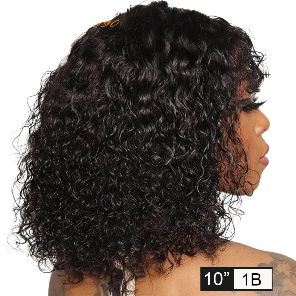 RitzWigs short curly human hair bob wig with bangs in black, worn by a model in profile view.