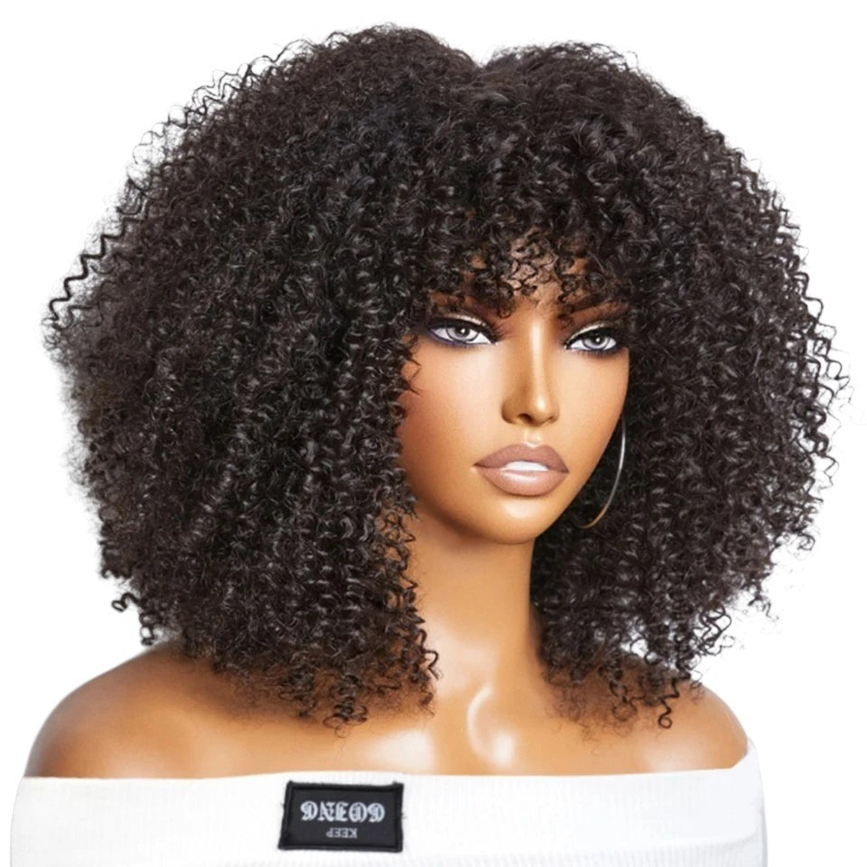 RitzWigs short black afro kinky curly human hair wig with bangs on a mannequin head