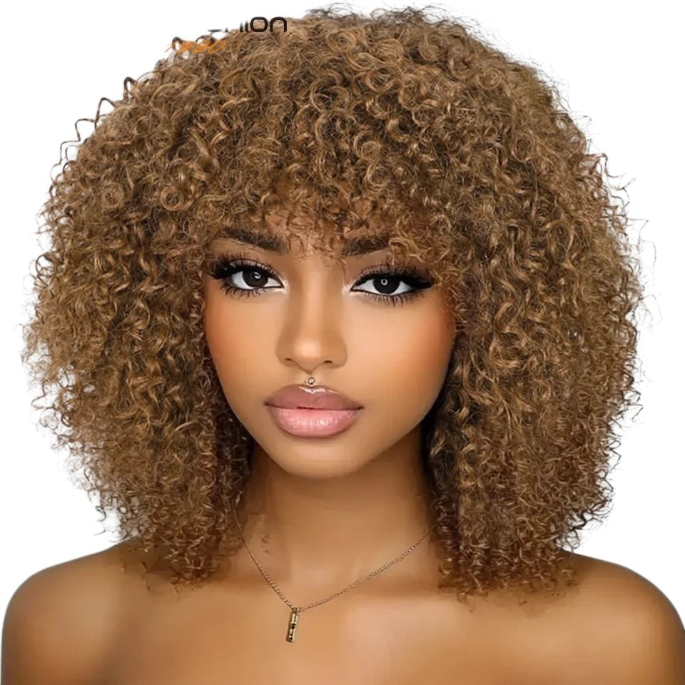 RitzWigs short curly human hair wig with bangs in a warm brown tone on a model with a natural makeup look