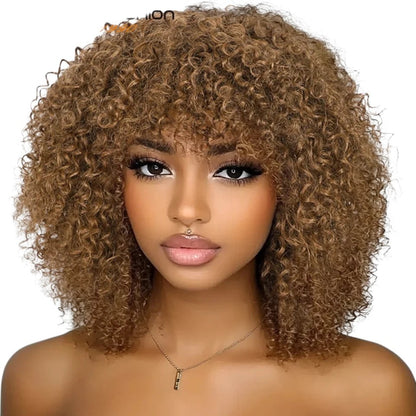 RitzWigs short curly human hair wig with bangs in a warm brown tone on a model with a natural makeup look