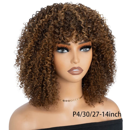 RitzWigs short curly human hair wig with bangs in a highlighted brown mix, displayed on a mannequin head.