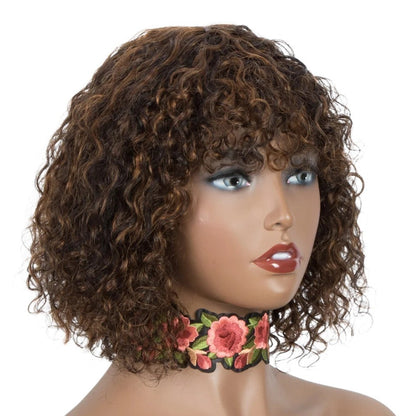 RitzWigs short kinky curly human hair wig with bangs in highlighted brown tones on a mannequin head