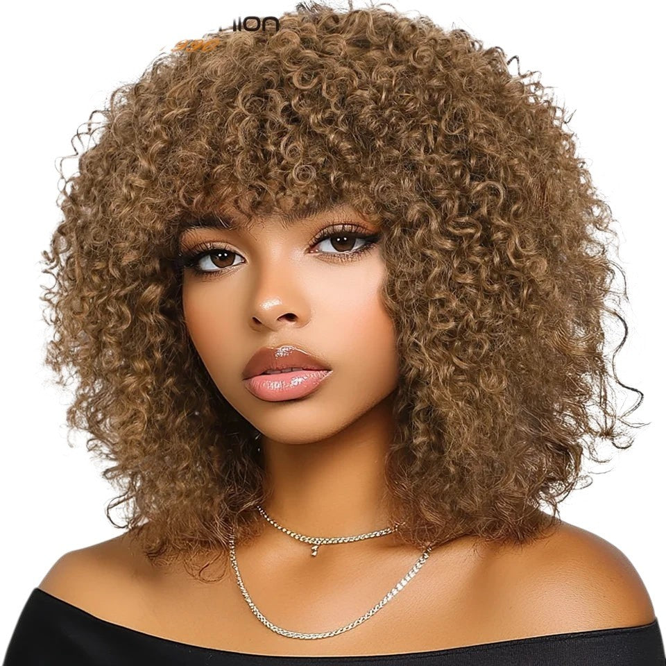 RitzWigs short afro kinky curly human hair wig with bangs in a light brown shade on a model
