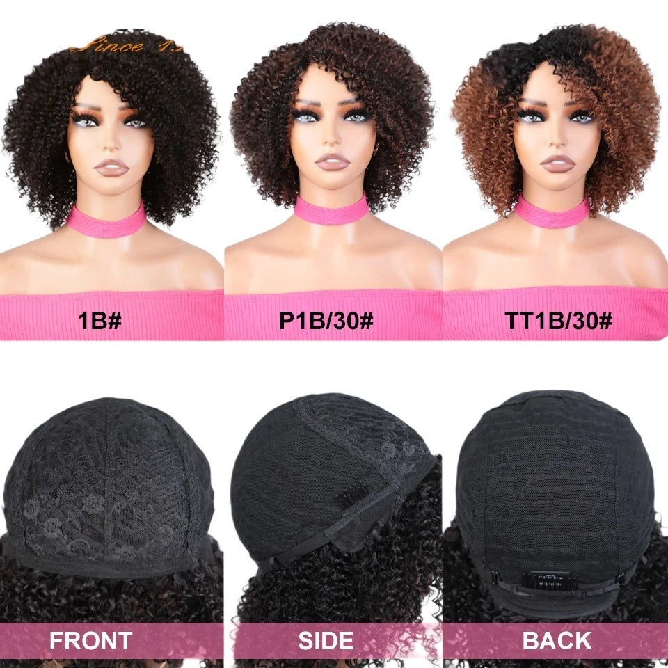 RitzWigs short afro kinky curly human hair wigs in black and ombre brown shades on mannequin heads