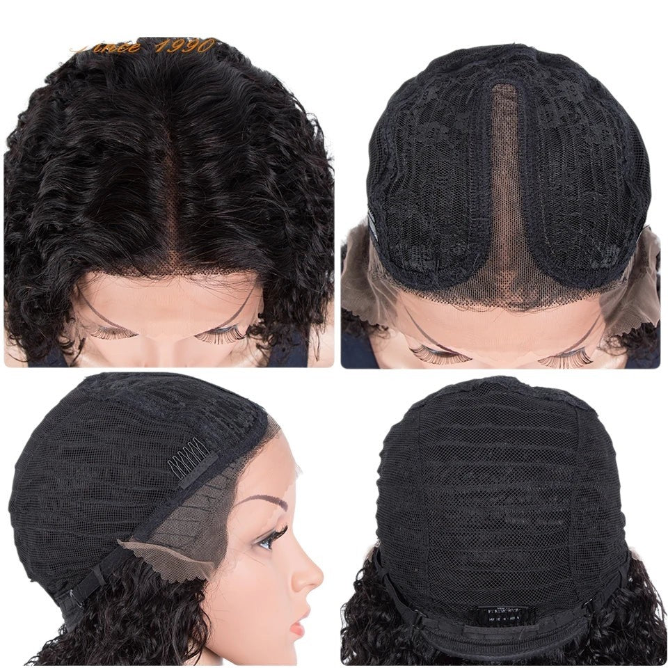 RitzWigs short black deep curly human hair bob wig with 13x1 T-part transparent lace cap construction