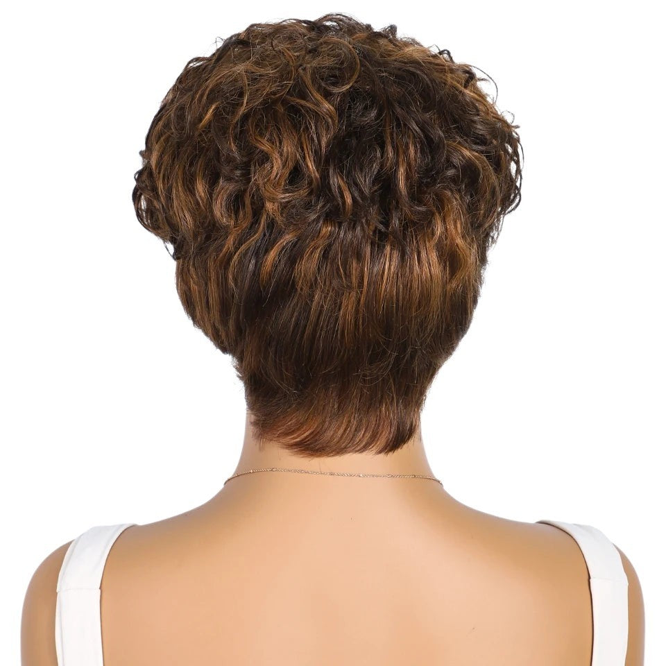 RitzWigs short curly pixie cut wig in mixed brown Brazilian Remy human hair, back view on a mannequin