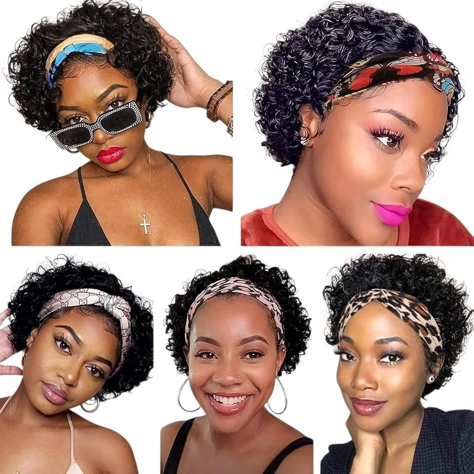 RitzWigs short curly pixie cut headband wig in natural black Brazilian human hair worn by women with patterned headbands