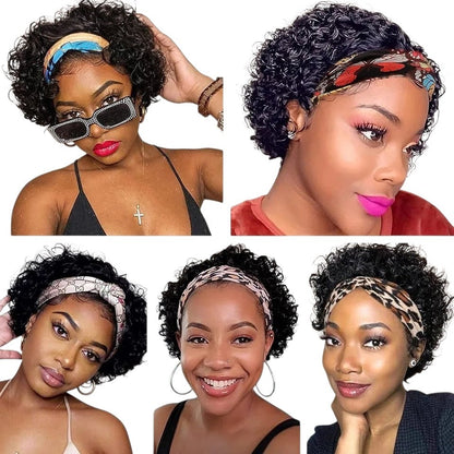 RitzWigs short curly pixie cut headband wig in natural black Brazilian human hair worn by women with patterned headbands