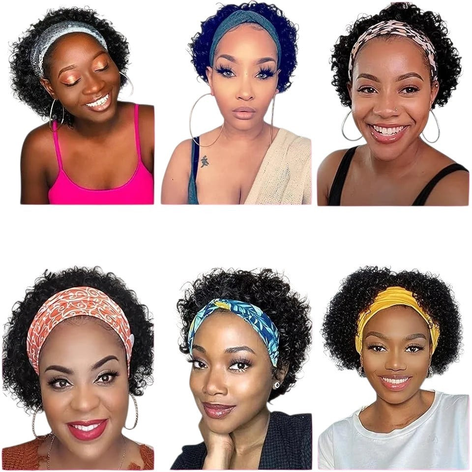 RitzWigs short curly pixie cut headband wig in natural black Brazilian human hair worn by diverse women