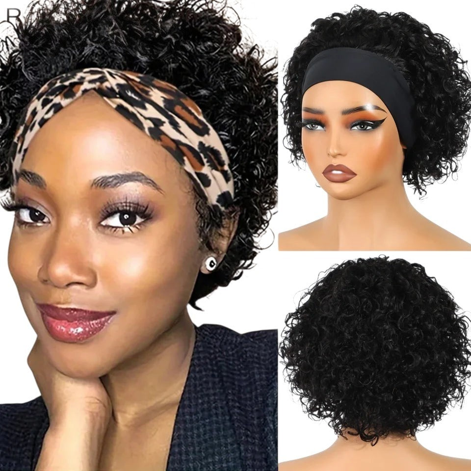 RitzWigs short curly pixie cut human hair headband wig in natural black with leopard print and solid black headbands