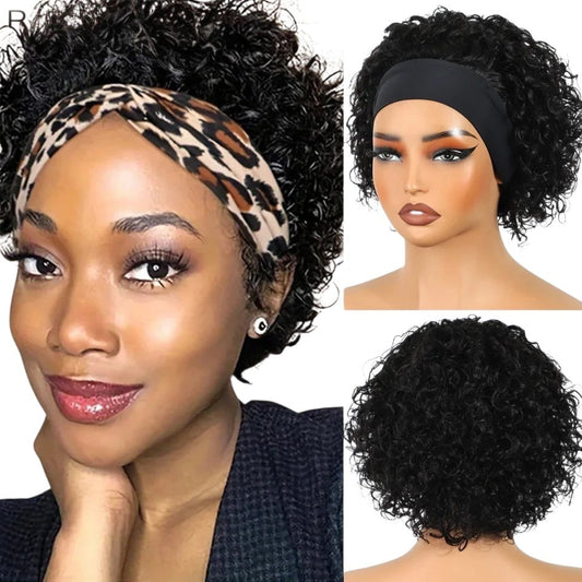 RitzWigs short curly pixie cut human hair headband wig in natural black with leopard print and solid black headbands