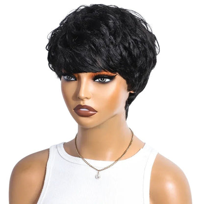 RitzWigs short curly pixie cut wig in mixed brown human hair on a mannequin wearing a white tank top