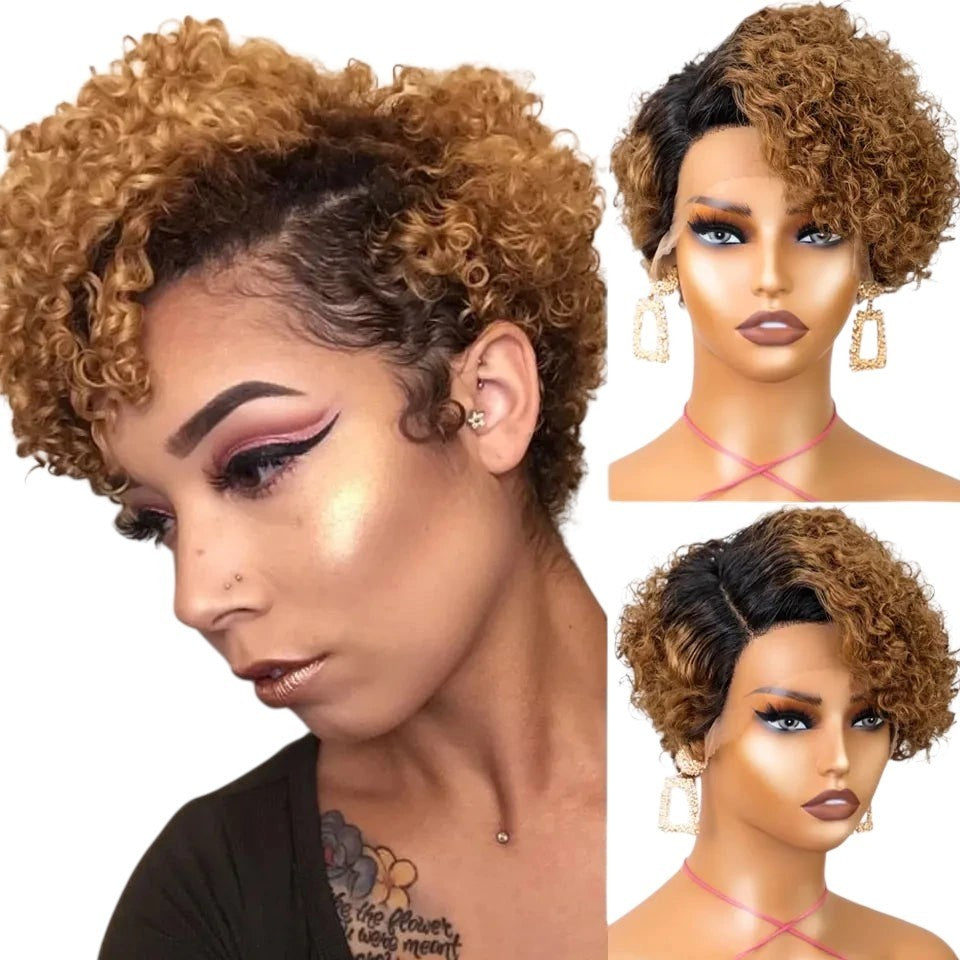 RitzWigs short curly pixie cut human hair lace front wig with highlighted brown and black tones on a mannequin head