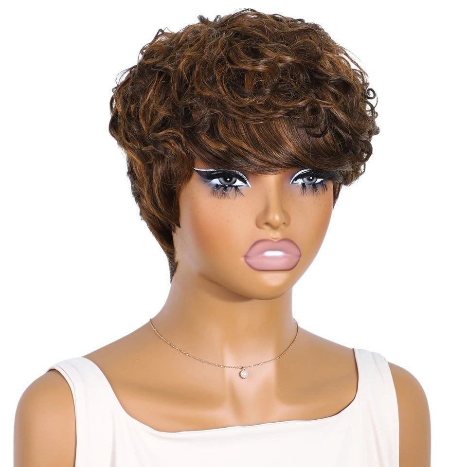 RitzWigs mixed brown short curly pixie cut human hair wig on a mannequin head with a side part and wavy texture