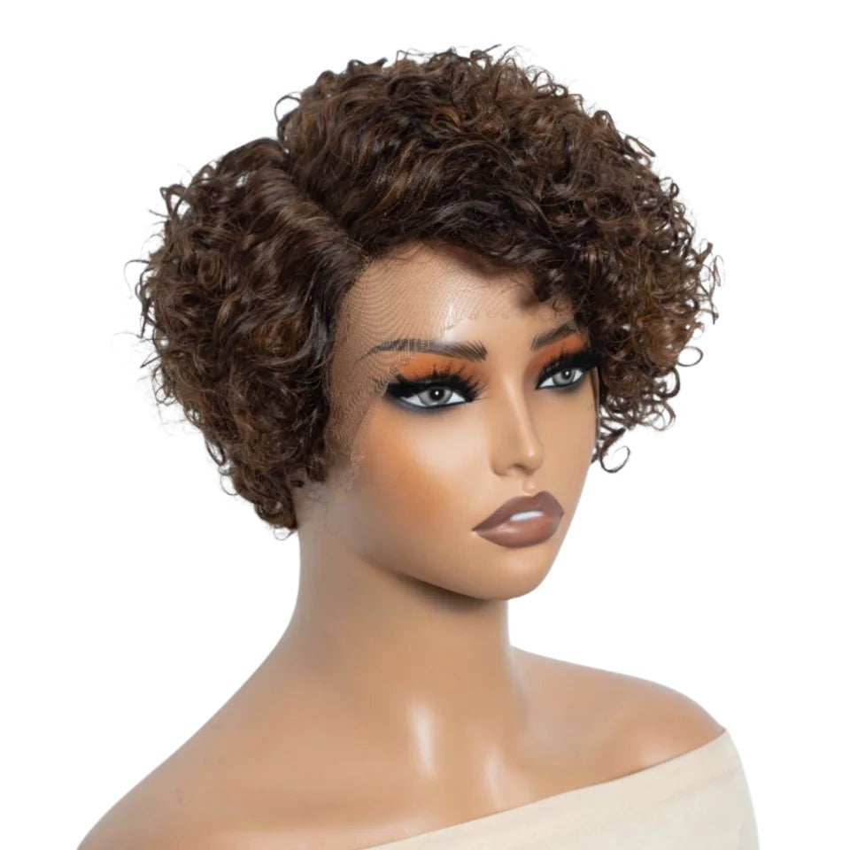 RitzWigs short curly pixie cut human hair wig with transparent lace front on a mannequin head