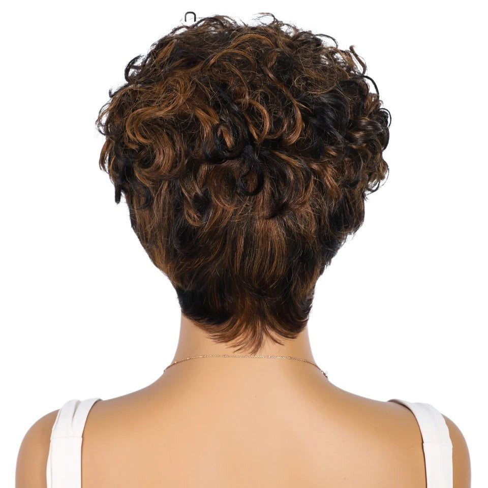 RitzWigs short curly pixie cut human hair wig in brown and black highlights on a mannequin head
