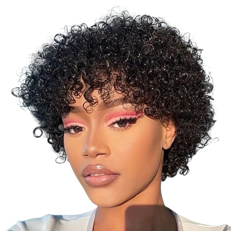 RitzWigs short natural brown afro kinky curly human hair pixie wig with bangs worn by a model