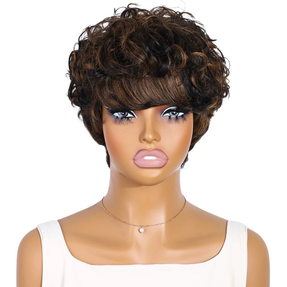 RitzWigs short curly pixie cut human hair wig in highlighted brown P1B/30 on a mannequin head.