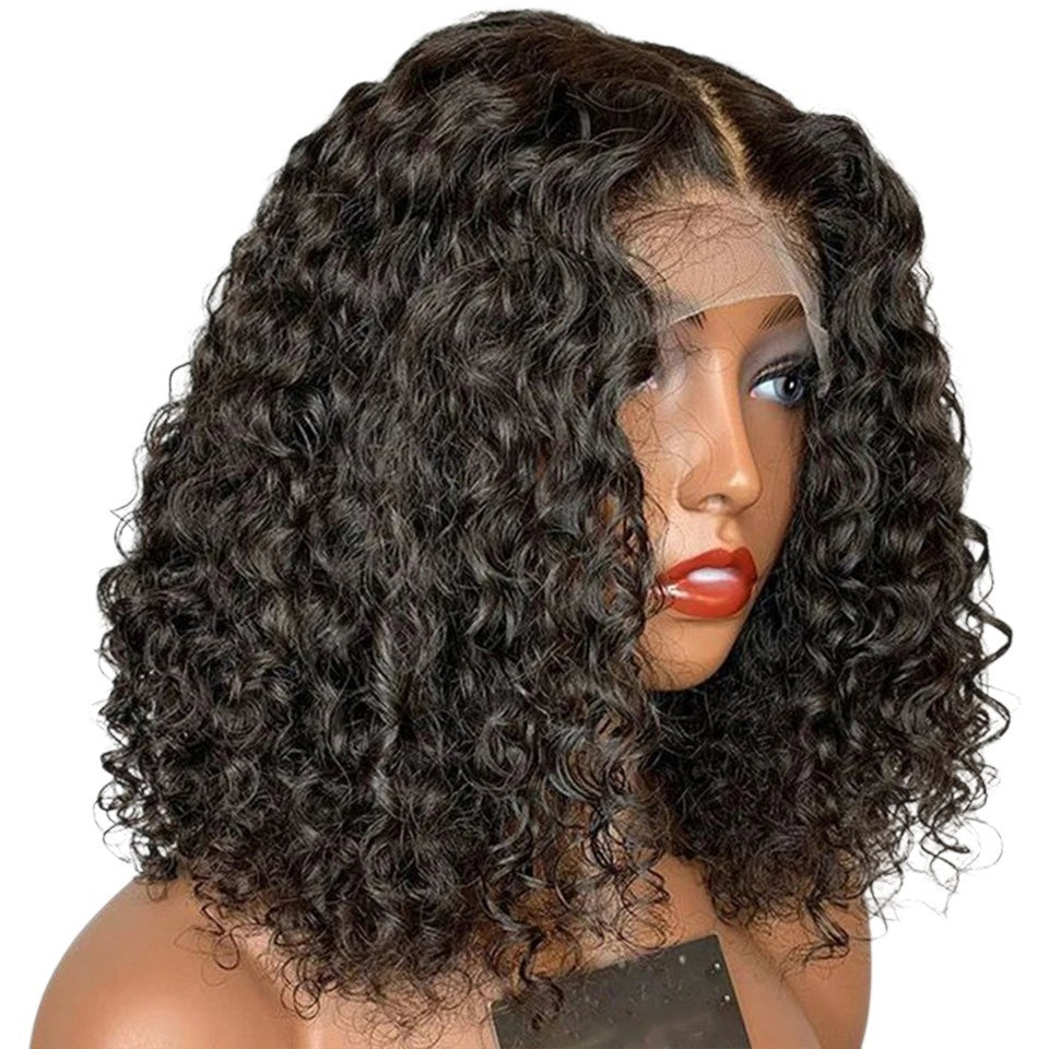 RitzWigs short deep wave bob lace front wig made of Brazilian human hair with a transparent lace base on a mannequin