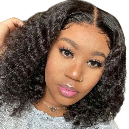 RitzWigs short deep wave bob lace front human hair wig on a woman with natural curls and transparent lace