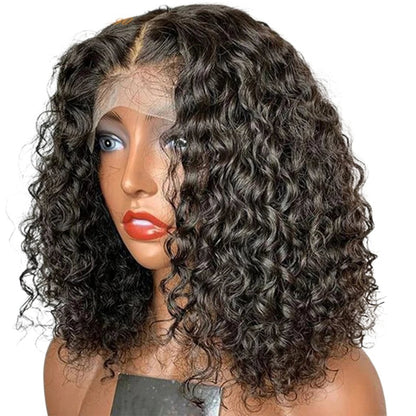 RitzWigs short deep wave bob lace front wig on a mannequin with natural black Brazilian human hair and transparent lace.
