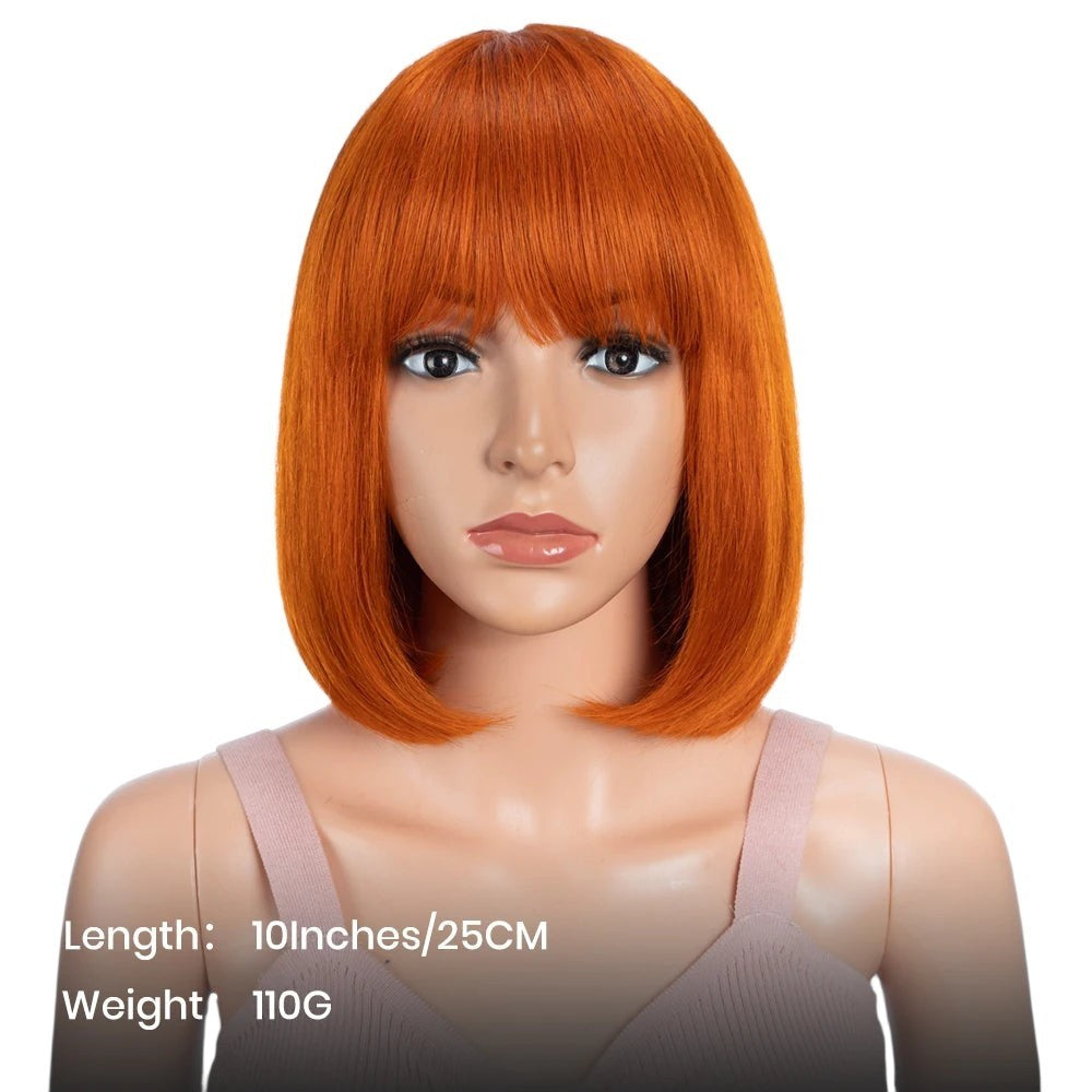 RitzWigs short straight ginger orange bob wig with bangs on a mannequin head, 10 inch human hair style.