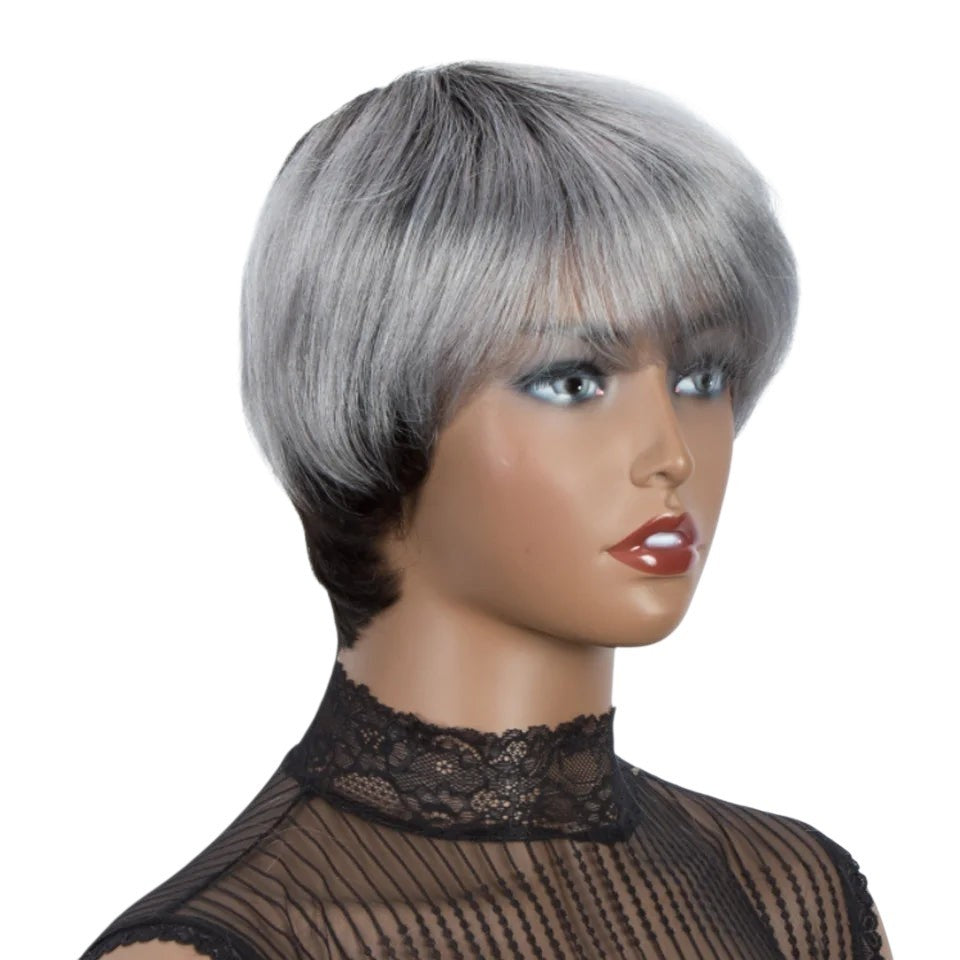 RitzWigs short straight human hair wig with bangs in a grey ombre style on a mannequin head