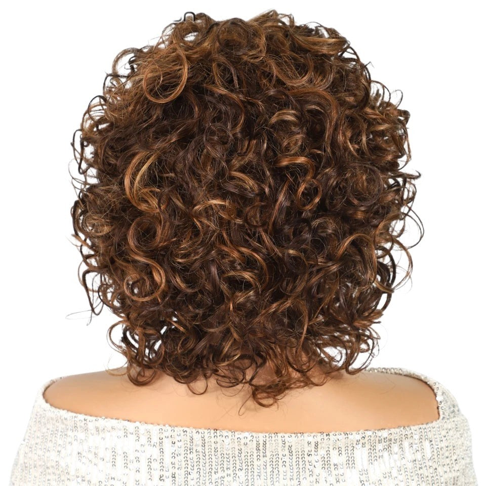 RitzWigs short brown highlighted jerry curl human hair wig viewed from the back on a mannequin