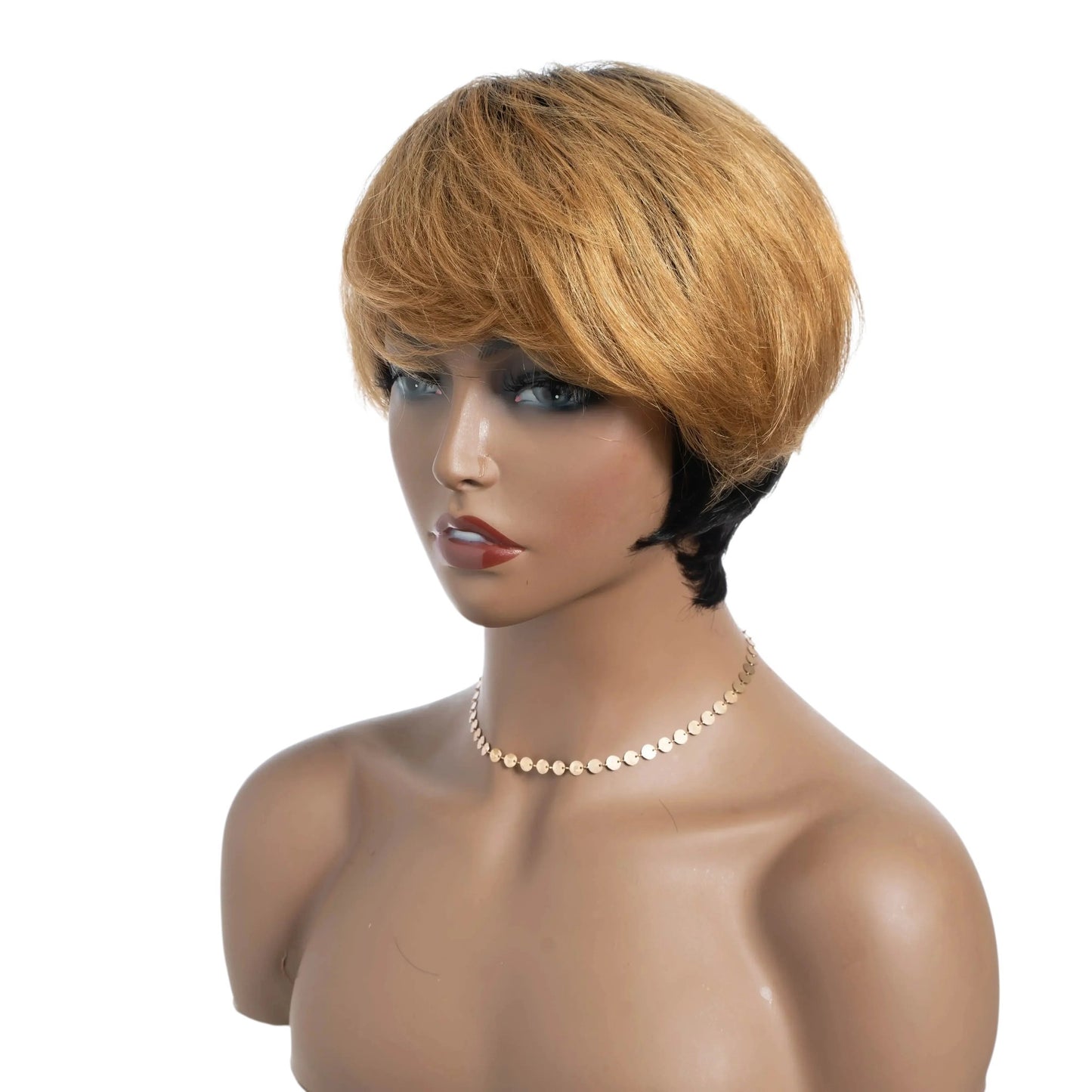RitzWigs short straight honey blonde human hair wig with bangs on a mannequin head